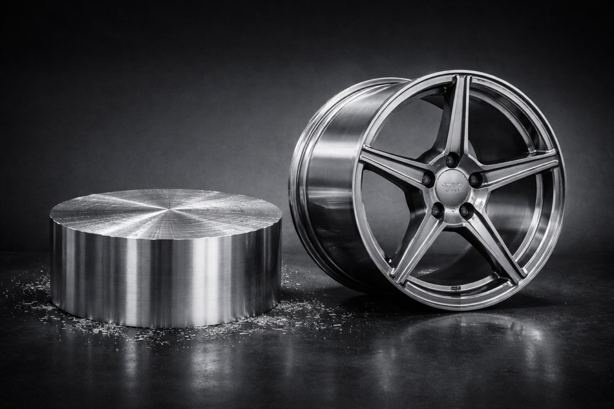 A solid raw 6061-T6 aerospace-grade aluminum billet placed next to a fully CNC-machined CNWR custom forged wheel, showcasing the premium starting material and the final high-performance product.