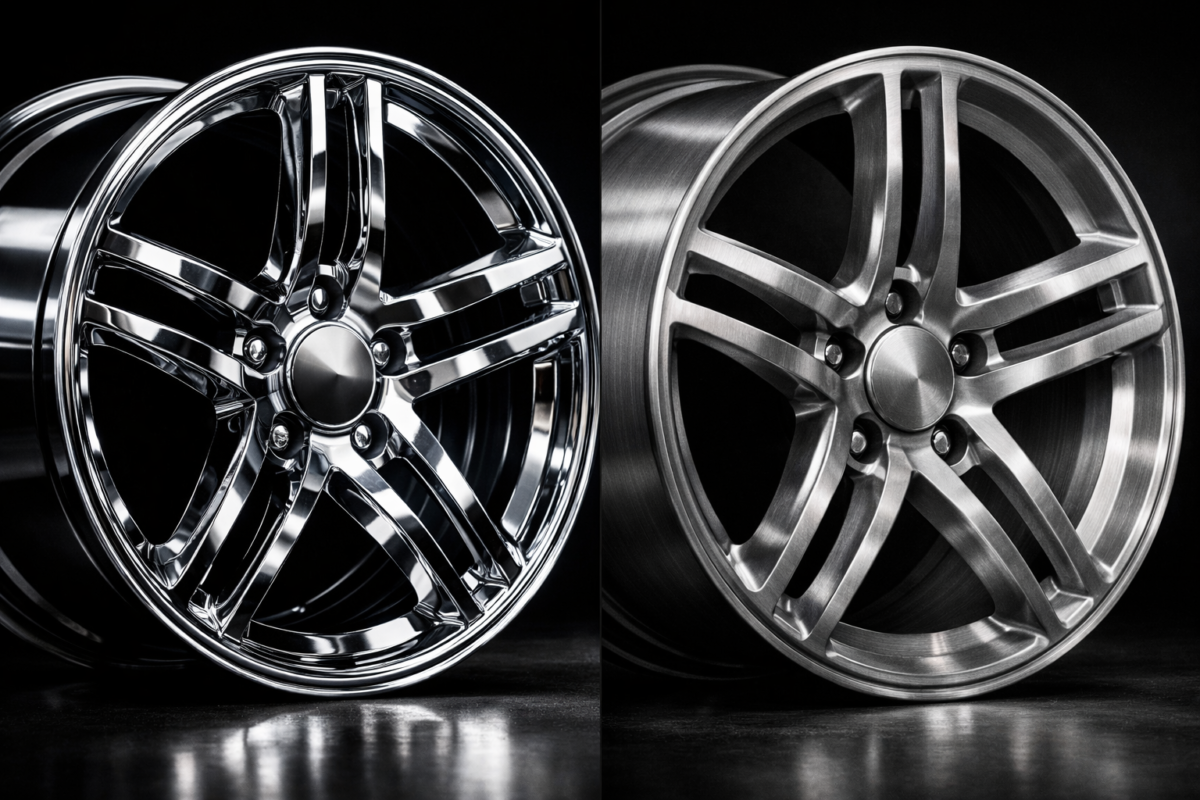 Close up comparison of a mirror polished forged wheel and a brushed clear coated forged wheel by CNWR.