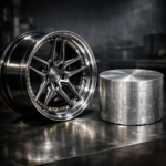 A finished custom forged wheel placed next to a solid raw aluminum billet, highlighting the premium material used in the wheel manufacturing process.