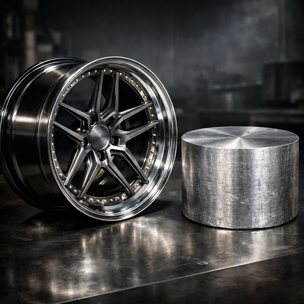 A finished custom forged wheel placed next to a solid raw aluminum billet, highlighting the premium material used in the wheel manufacturing process.
