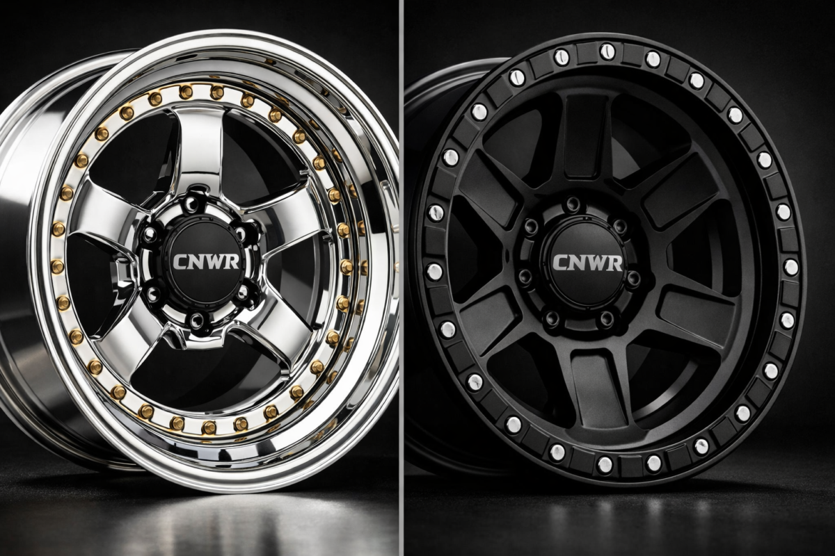 A studio split-screen comparison showing a highly polished 3-piece deep dish forged wheel next to an aggressive, matte-finished monoblock concave wheel, highlighting 2026 aesthetic trends by CNWR.