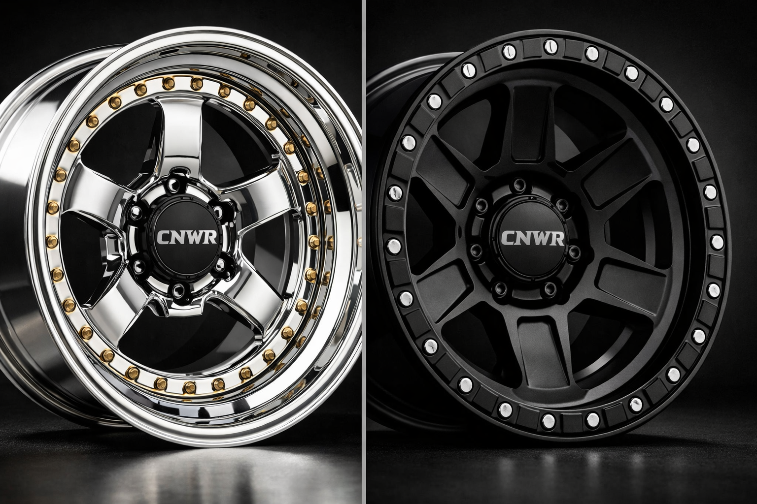 A studio split-screen comparison showing a highly polished 3-piece deep dish forged wheel next to an aggressive, matte-finished monoblock concave wheel, highlighting 2026 aesthetic trends by CNWR.