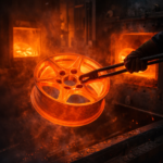 A dramatic factory view of glowing, superheated aluminum forged wheel blanks being carefully extracted from an industrial thermal furnace during the solutionizing phase of the T6 heat treatment process.