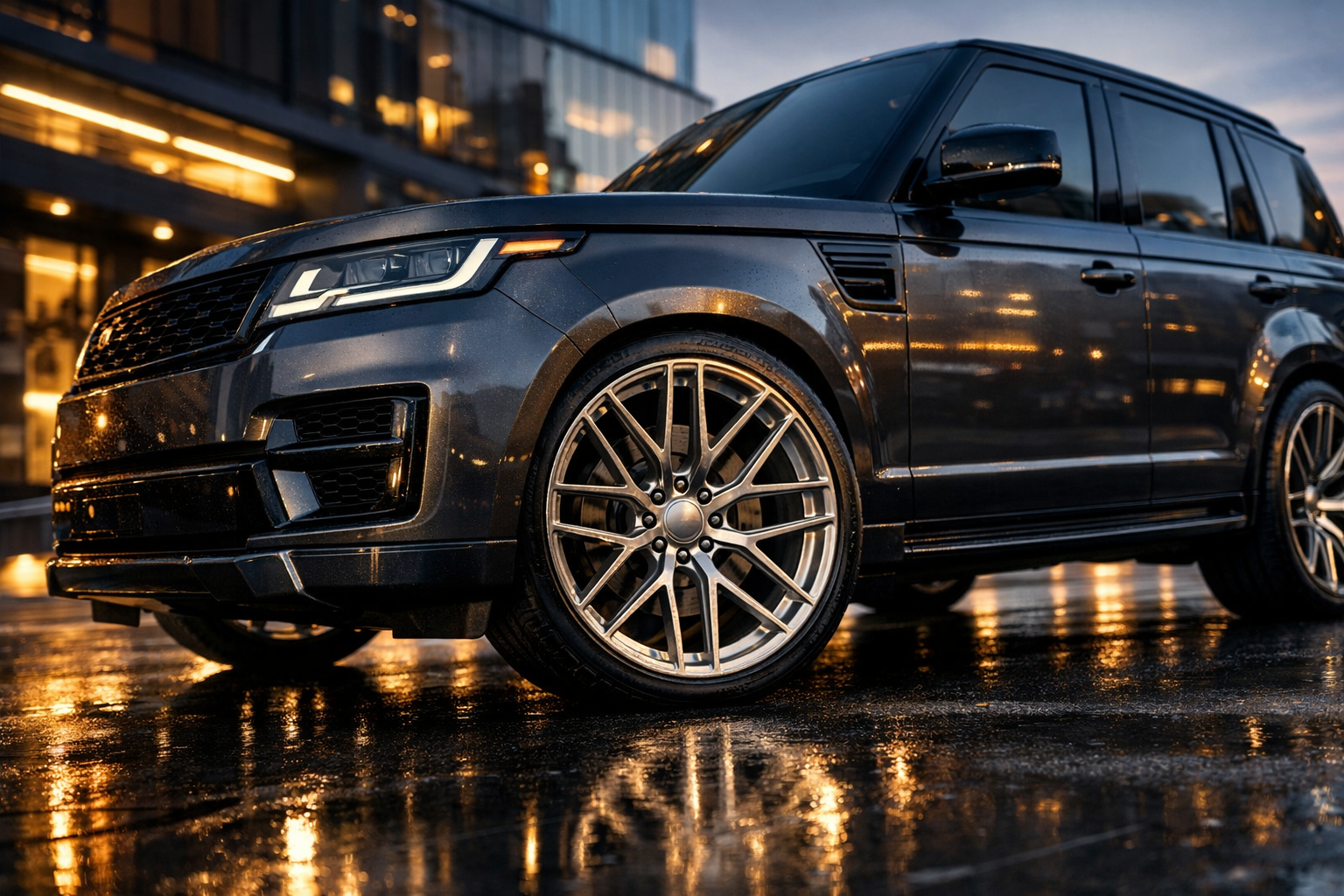 Custom forged wheels with high load rating installed on a black luxury SUV, balancing strength and aggressive style for B2B wholesale.