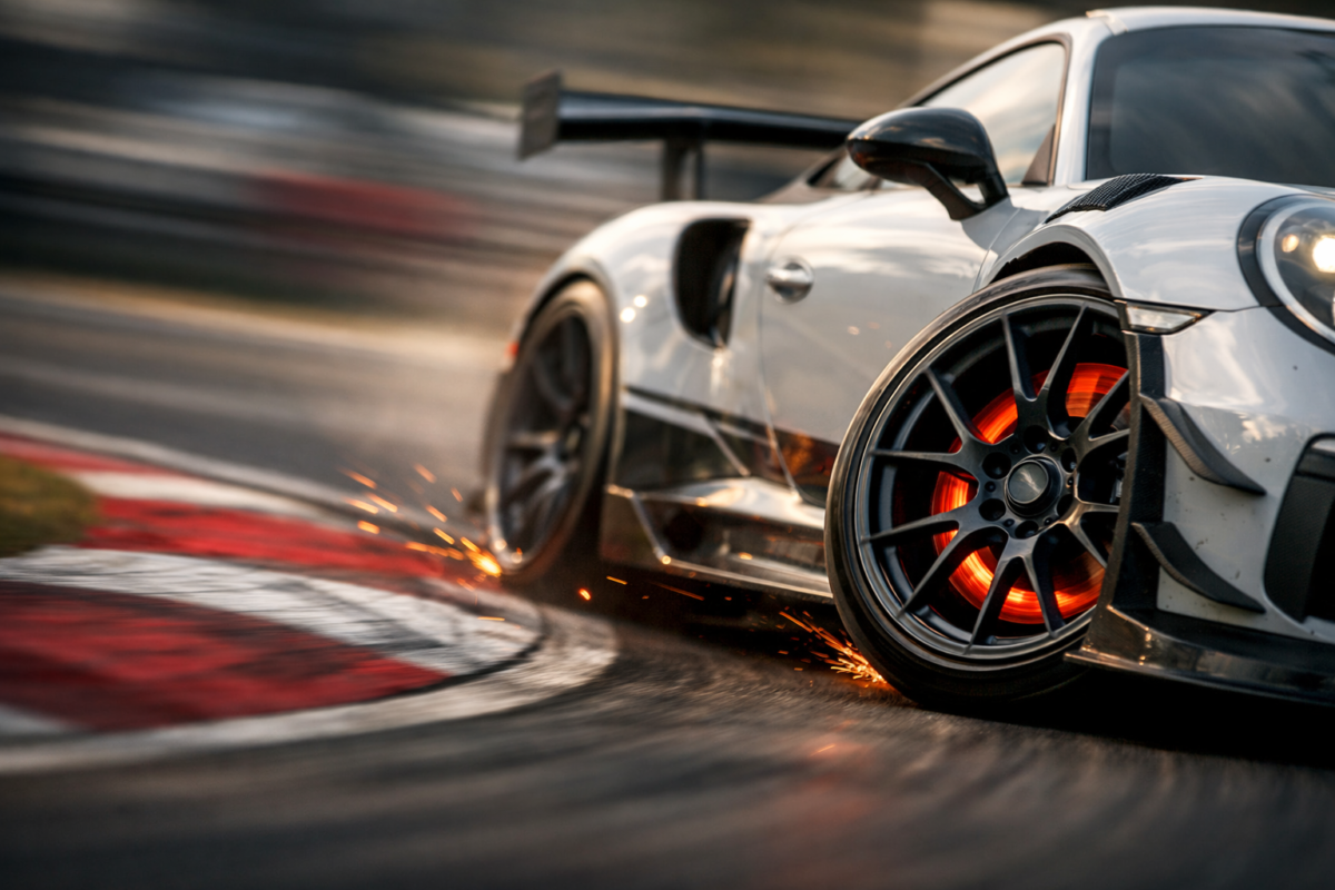 A high-performance race car navigating a sharp corner on a race track, highlighting the extreme stress placed on its custom forged wheels.