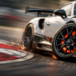 A high-performance race car navigating a sharp corner on a race track, highlighting the extreme stress placed on its custom forged wheels.