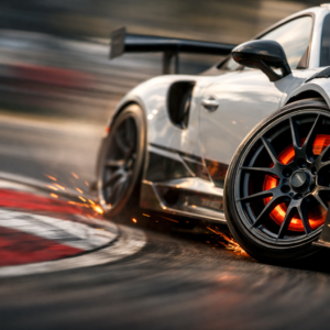 A high-performance race car navigating a sharp corner on a race track, highlighting the extreme stress placed on its custom forged wheels.