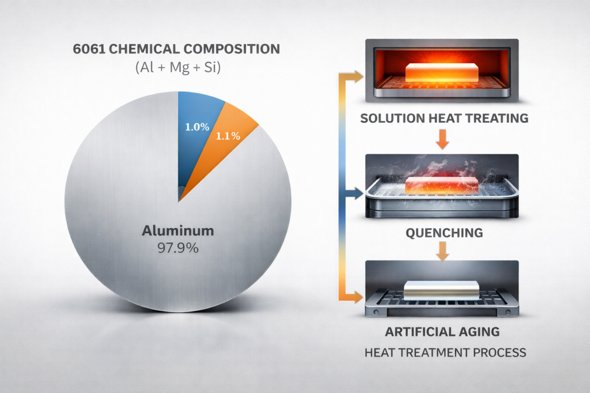 Educational infographic detailing the magnesium and silicon chemical composition of 6061 aluminum, alongside the T6 heat treatment steps of solution heating, quenching, and artificial aging used in wheel manufacturing.