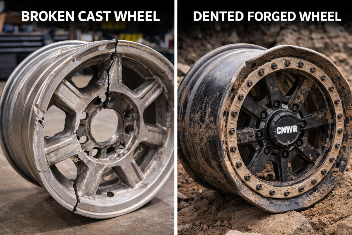 A visual comparison showing a shattered cast aluminum wheel alongside a structurally intact, dented forged off-road wheel, demonstrating the superior safety and impact resistance of 6061-T6 aluminum.