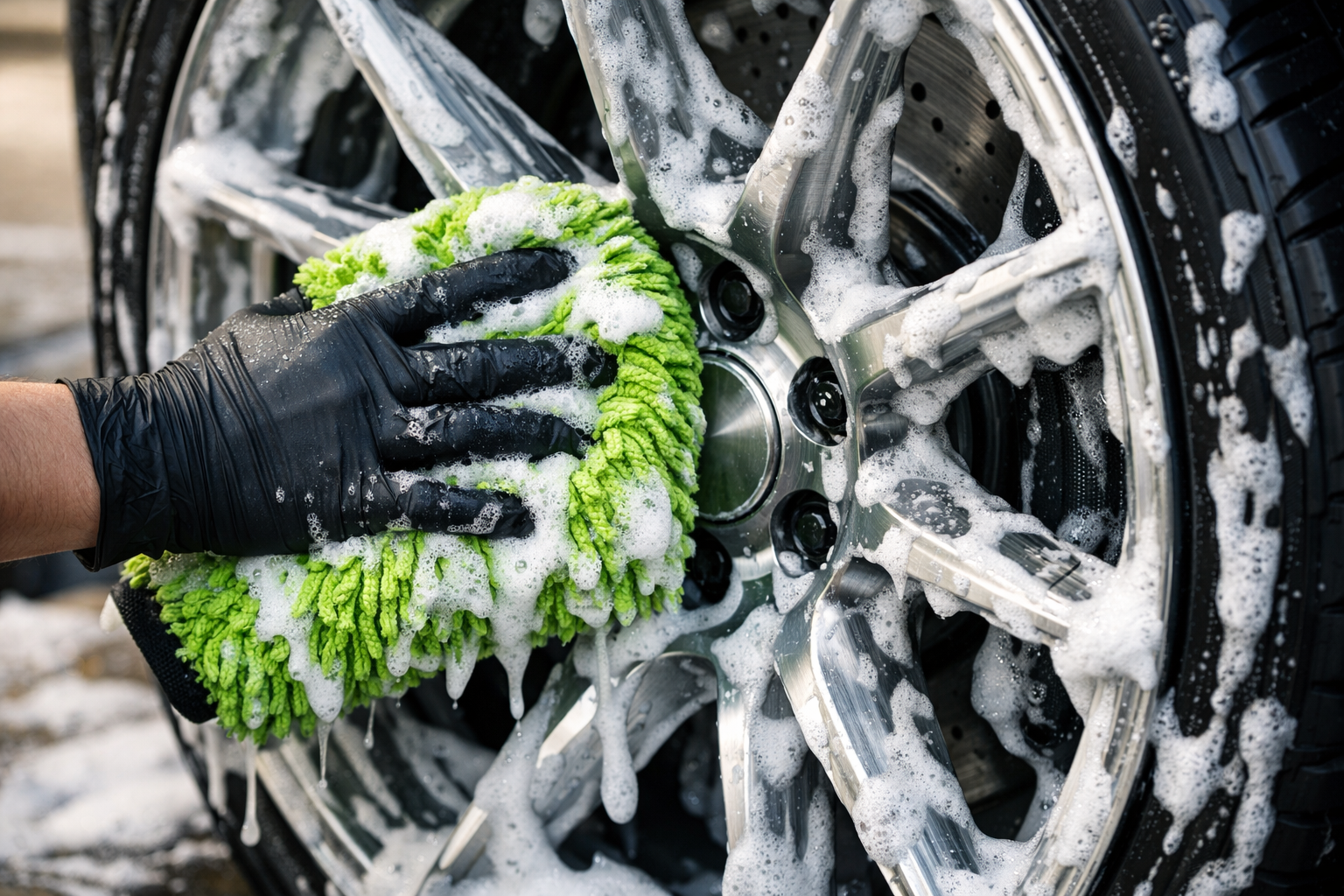 Professional detailer cleaning a custom brushed forged wheel using a soft microfiber mitt and rich soap foam.