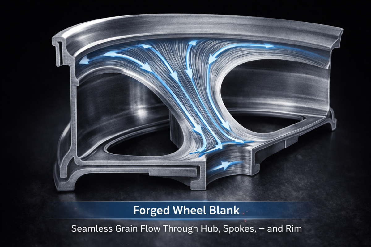 A cross-sectional technical illustration of a 6061-T6 forged wheel blank, using overlaying arrows to demonstrate how the continuous grain flow lines curve seamlessly from the center hub out through the wheel barrel for maximum strength.