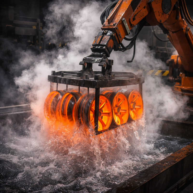 An automated robotic arm plunging a rack of heated custom forged wheel blanks into a water quench tank, demonstrating the rapid cooling step required to freeze the alloys during T6 heat treatment.