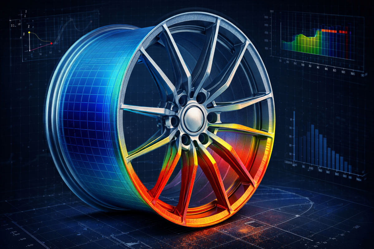 3D FEA (Finite Element Analysis) stress test simulation on a custom forged wheel for a luxury SUV, highlighting load distribution.