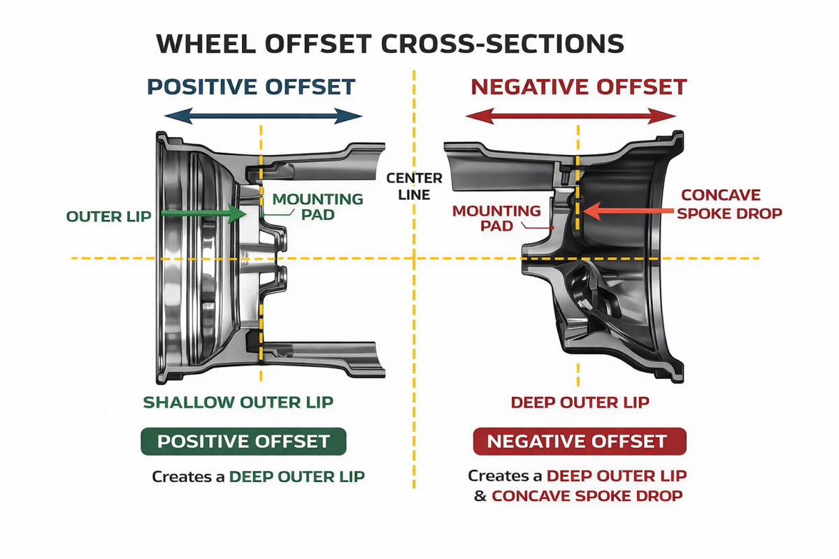 A technical cross-section diagram explaining wheel offset and backspacing, illustrating how negative offset creates a deep dish outer lip while positive offset forms an inward-sweeping concave spoke profile.