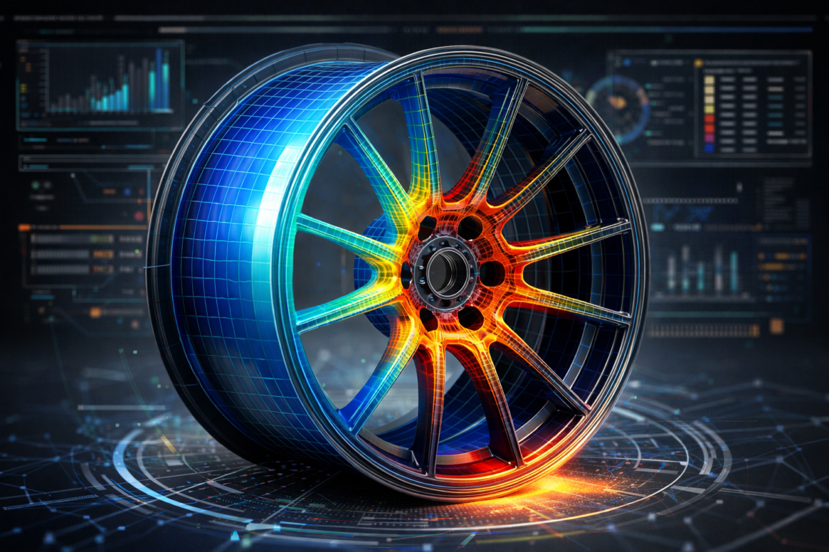 Computerized Finite Element Analysis (FEA) of a CNWR forged wheel, demonstrating structural rigidity under extreme lateral track loads.