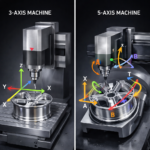 Technical diagram comparing the linear X, Y, and Z movements of a standard 3-axis CNC machine with the fully articulated, multi-rotational capabilities of a 5-axis CNC machine used for premium wheel manufacturing.