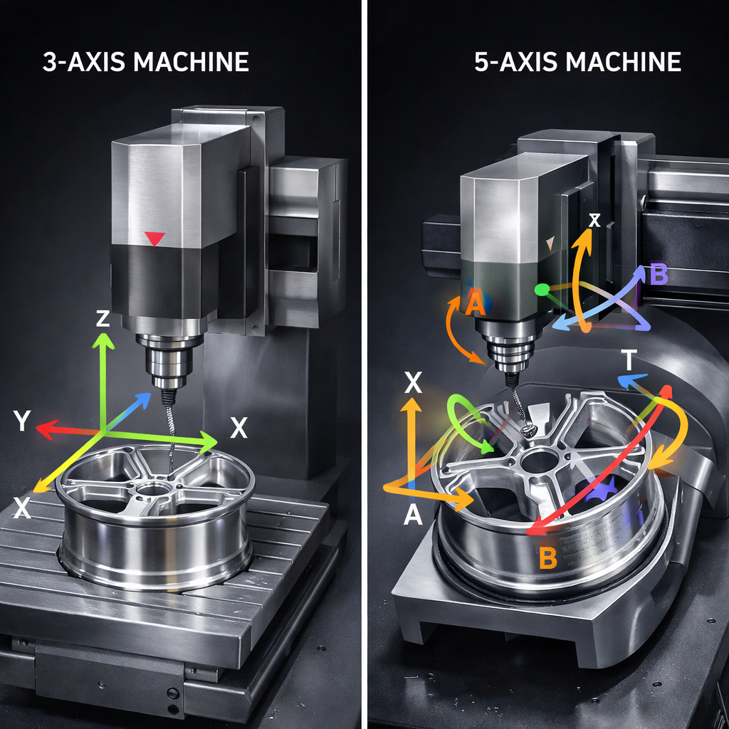 Technical diagram comparing the linear X, Y, and Z movements of a standard 3-axis CNC machine with the fully articulated, multi-rotational capabilities of a 5-axis CNC machine used for premium wheel manufacturing.