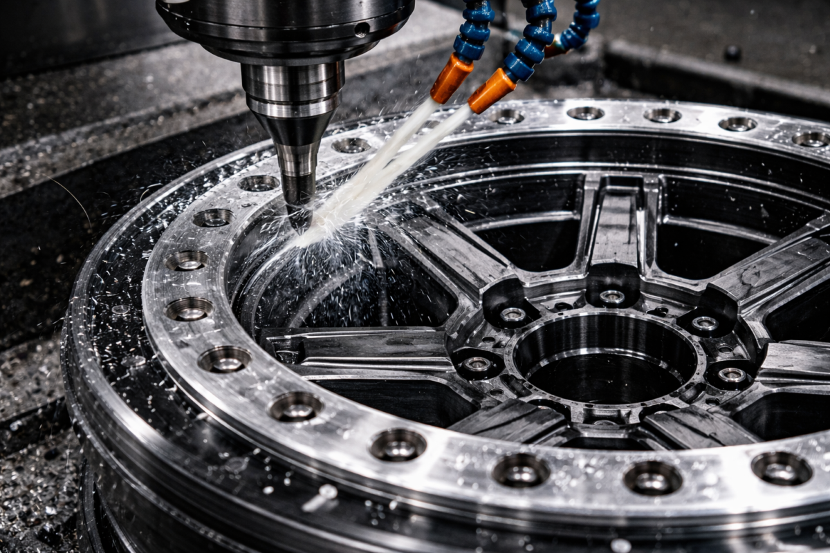 A close-up view of a multi-axis CNC machine milling the intricate heavy-duty face and beadlock mounting flange of a custom forged off-road wheel from a solid aluminum billet.