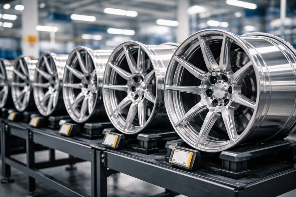 A row of perfectly finished polished and brushed forged wheels inside the Shanghai Chenchi Technology manufacturing facility.