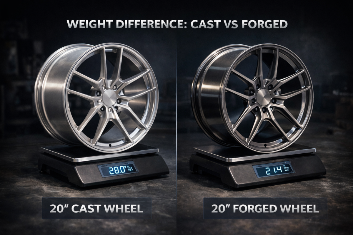 Two 20-inch wheels on scales demonstrating the significant weight reduction and performance benefits of lightweight forged wheels compared to cast wheels.