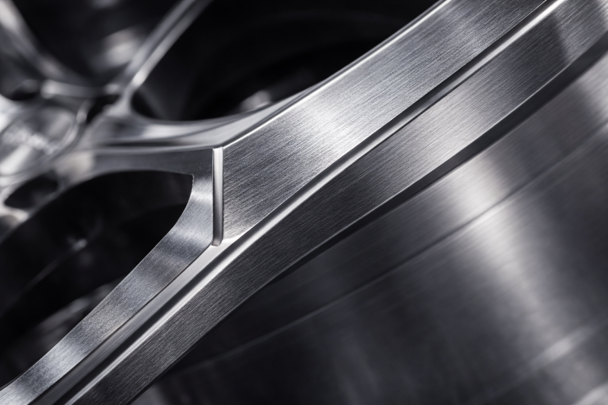 Macro close-up of a custom forged wheel spoke made from 6061-T6 aluminum, highlighting the flawless multi-axis CNC machining and the premium hand-brushed clear-coat finish.