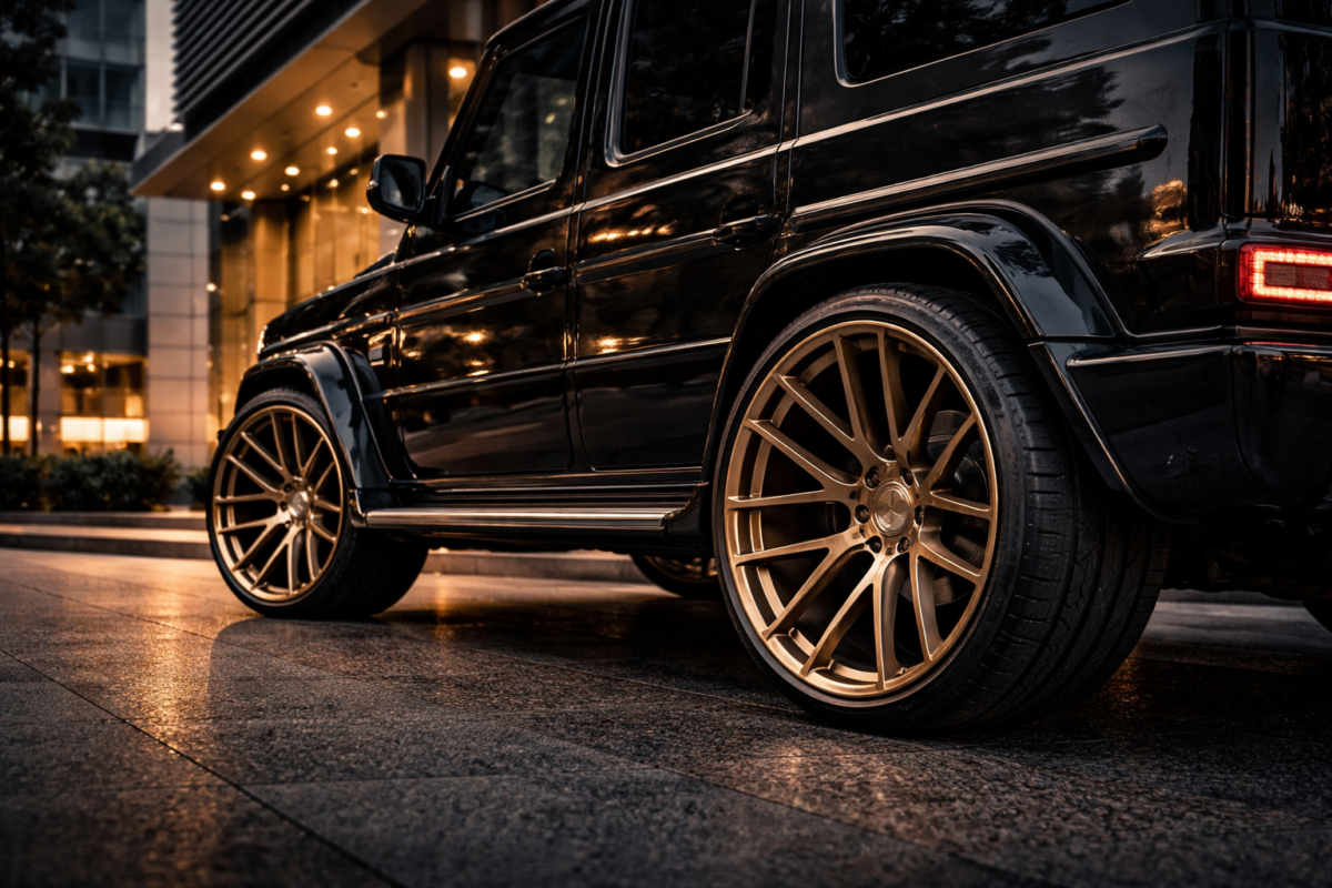 A set of custom CNWR forged wheels installed on a black luxury SUV, demonstrating a deep concave design and brushed finish.