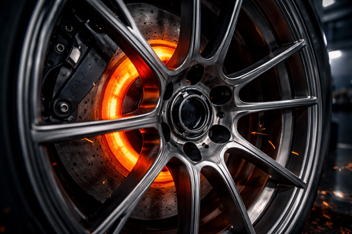 Close-up of a racing wheel hub with a massive, glowing red brake rotor, illustrating the immense heat that forged aluminum wheels must dissipate.