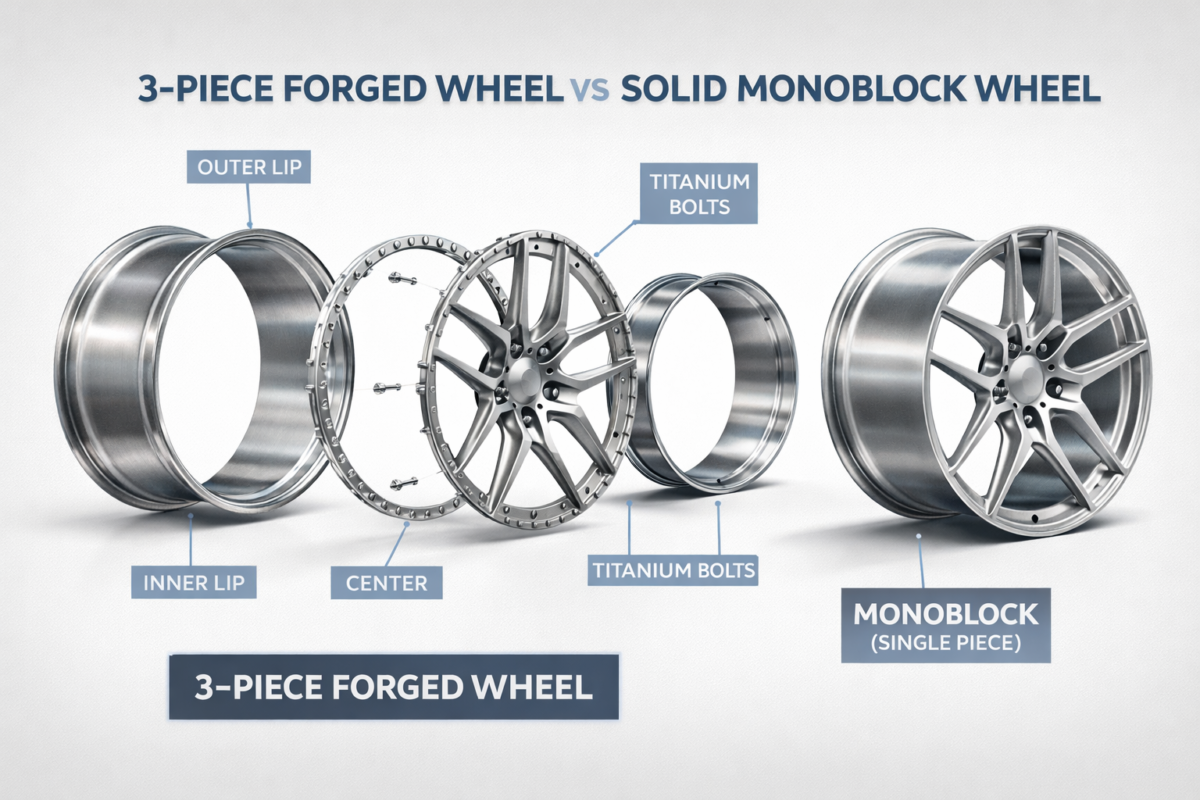 Exploded view diagram illustrating the single-piece construction of a monoblock wheel versus the face, lip, and barrel components of a 3-piece custom forged wheel.