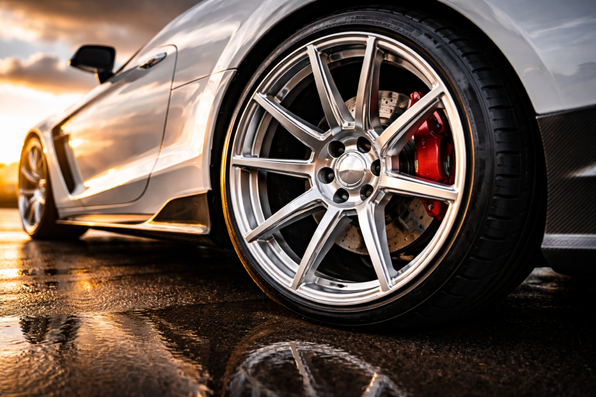 A luxury sports car equipped with CNWR custom polished forged wheels parked in a scenic location.