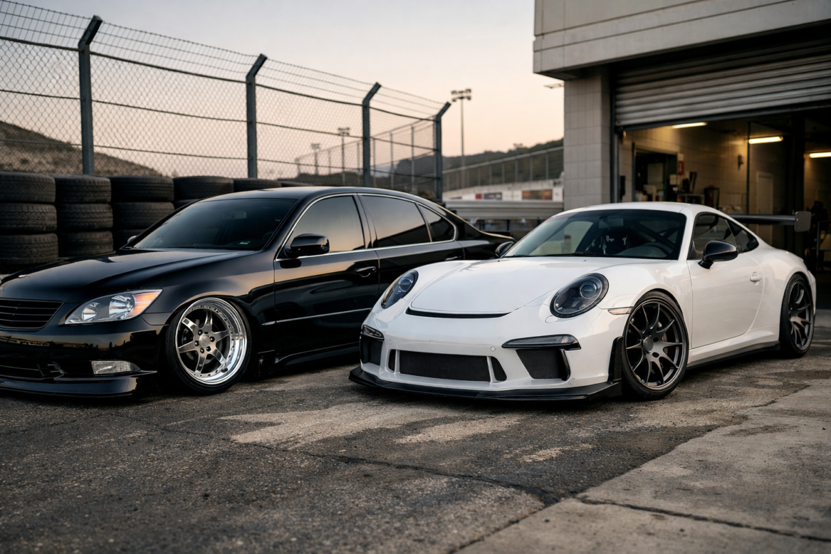 A dynamic lifestyle photo of a lowered VIP Lexus equipped with 3-piece deep dish wheels parked next to a track-prepped Porsche 911 GT3 featuring lightweight monoblock concave custom forged wheels.