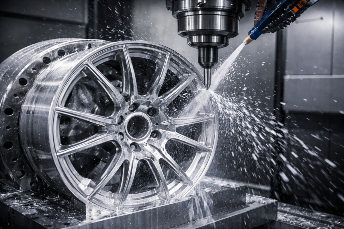 A 5-axis CNC machine precisely milling a block of 6061-T6 aluminum into a custom CNWR forged wheel for B2B wholesale.