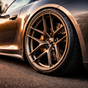 A high-performance luxury sports car showcasing a perfect, millimeter-flush stance with custom offset CNWR forged wheels.