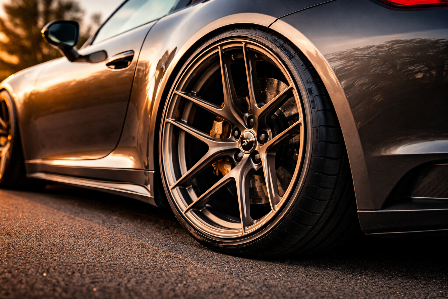 A high-performance luxury sports car showcasing a perfect, millimeter-flush stance with custom offset CNWR forged wheels.