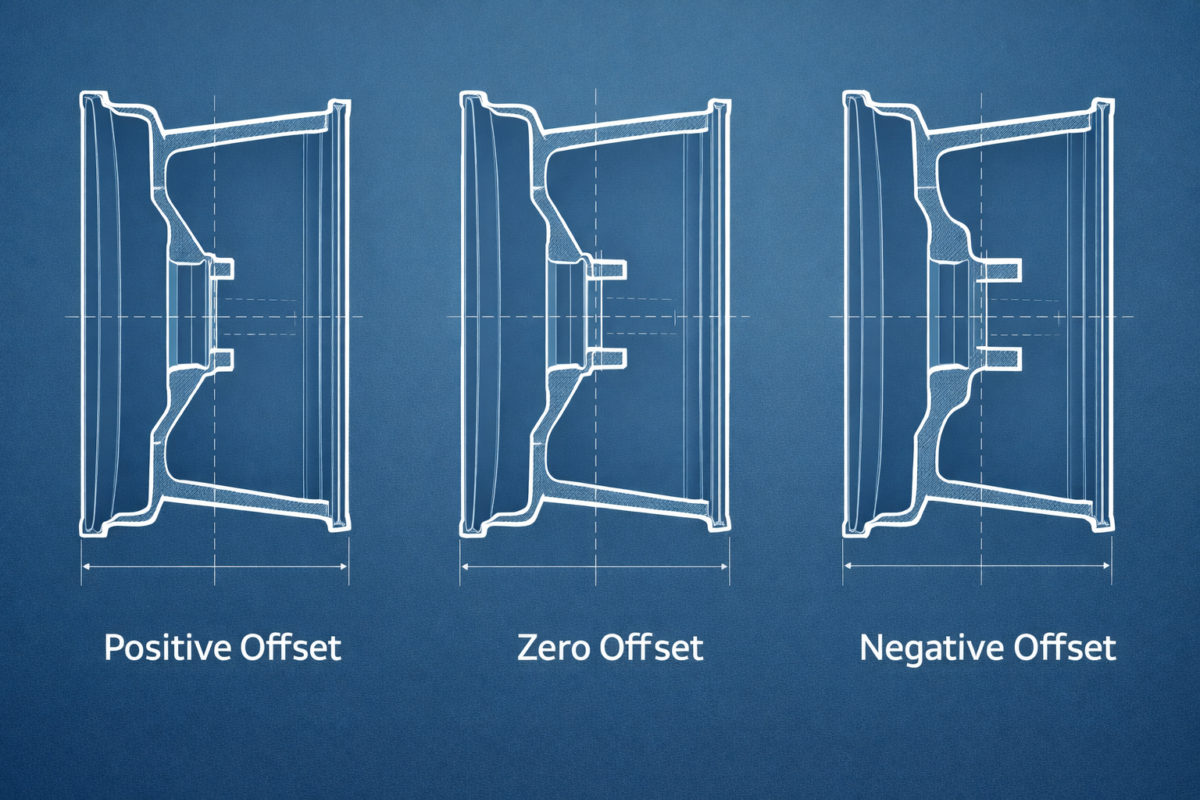 A highly detailed 3D technical illustration explaining positive, zero, and negative wheel offset (ET) and how it affects the mounting hub position.