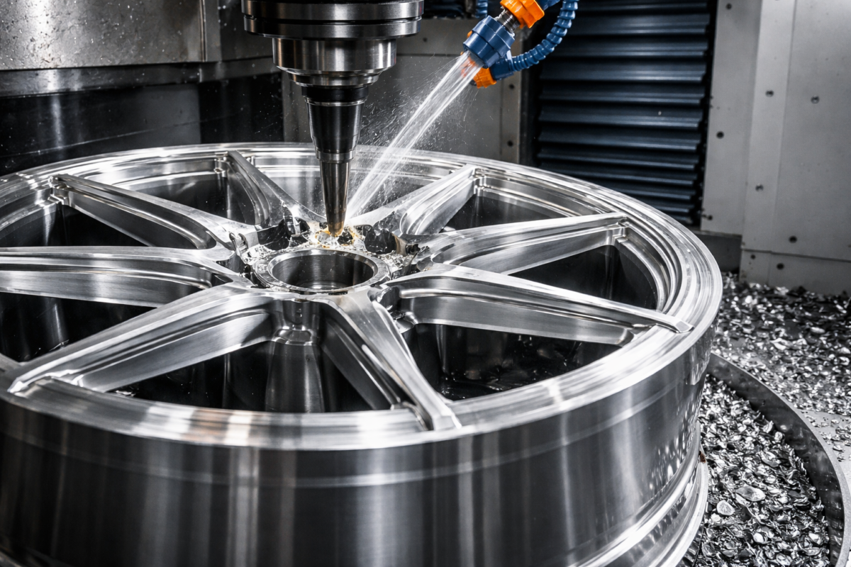 A precision CNC machine milling the backpad of a solid 6061-T6 aluminum forged wheel blank to achieve the exact custom offset (ET) for a B2B client.