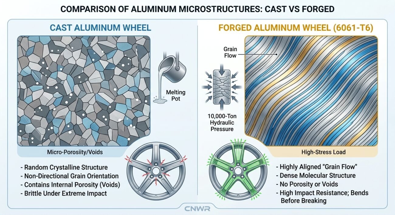 Infographic comparing the dense, aligned grain structure of forged aluminum wheels with the random, porous structure of traditional cast wheels.