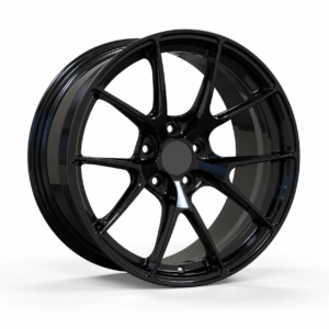 High-end 3/4 perspective of a custom gloss black forged track wheel for Mitsubishi Evo, highlighting the classic 5-spoke Y-branch design and competition-ready structure.