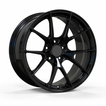 High-end 3/4 perspective of a custom gloss black forged track wheel for Mitsubishi Evo, highlighting the classic 5-spoke Y-branch design and competition-ready structure.