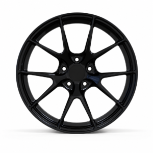 Front-facing view of an 18x9.5 lightweight forged performance wheel for Subaru WRX, featuring a gloss black Y-spoke design and 5x114.3 bolt pattern on a pure white background.