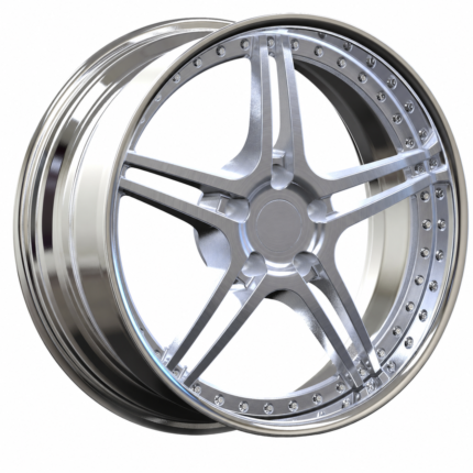 High-end 3/4 perspective view of aftermarket forged wheel for 1996 Chevy Impala SS, showing the brushed silver finish and logo-free center cap ready for OEM branding.