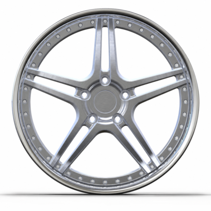 Front view of custom 2-piece forged wheel for 1996 Chevy Impala SS, featuring a brushed aluminum 5-spoke design and polished lip on a pure white background.