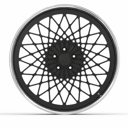 Front-facing view of custom 24-inch mesh wheel for classic American muscle cars, highlighting the intricate gloss black spokes and 5x120.65 bolt pattern on a clean commercial white background.
