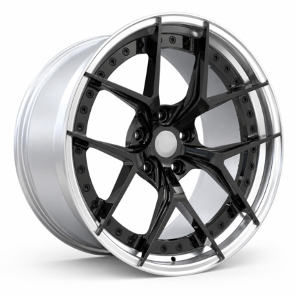 High-end 3/4 perspective of a custom forged wheel for BMW, highlighting the luxurious contrast between the gloss black face and the silver lip, ready for B2B OEM branding.