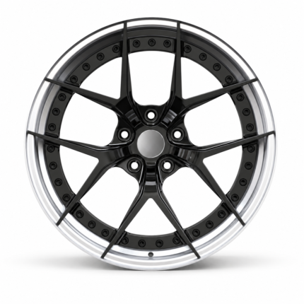 Front-facing commercial product shot of a 2-piece aftermarket forged wheel for BMW, featuring a gloss black center, high-strength black assembly bolts, and a 5x120 bolt pattern.