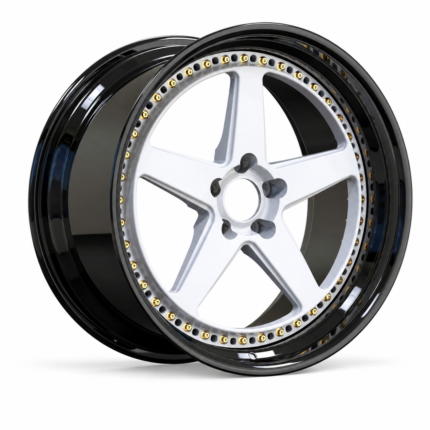 High-end 3/4 perspective of a concave 2-piece aftermarket forged wheel, highlighting the striking contrast between the gloss white face, black lip, and premium gold rivets.