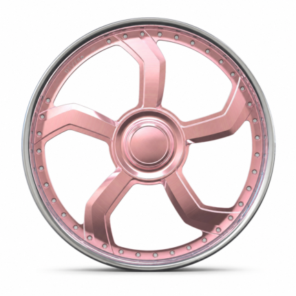 Front-facing commercial product shot of a custom Rose Gold muscle car wheel, highlighting the directional 5-spoke design and classic 5x120.65 bolt pattern.