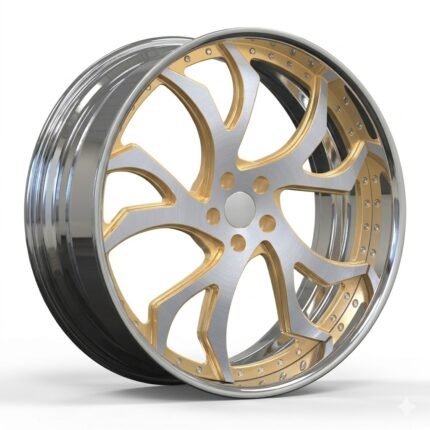 High-end 3/4 perspective of a custom 24-inch staggered 2-piece wheel for 2015 Chevy Impala LTZ, featuring a brushed silver face with brushed gold accents and a logo-free cap.