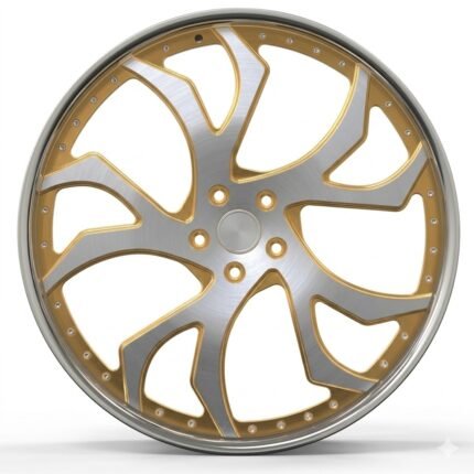Front-facing commercial product shot of a two-tone directional custom wheel, highlighting the precise 5x120 bolt pattern and intricate multi-spoke design.
