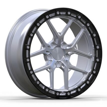 High-end 3/4 perspective of a custom staggered beadlock wheel for BMW 340i, highlighting the premium two-tone finish and blank logo-free center cap on a white background.