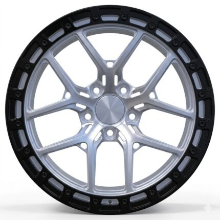 Front-facing commercial product shot of a custom 2-piece forged beadlock wheel for 2020 BMW 340i, featuring a brushed silver split-spoke face and a gloss black functional lock ring.